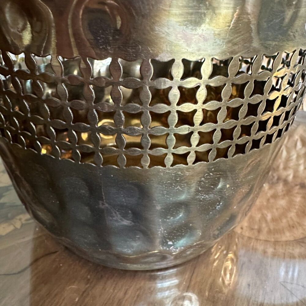 Vintage Hammered Brass Reticulated Planter Cachepot, MCM Decorative Storage - Picture 10 of 11